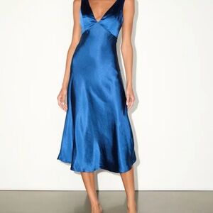 Lulu's Deep Blue Satin Midi Dress